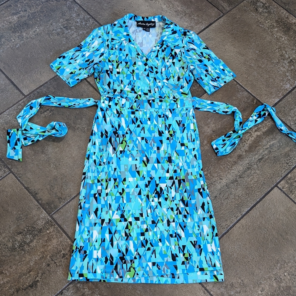 Sandra Angelozzi Wrap Dress Belted Midi Work Career Multiprint Size S Blue Te…